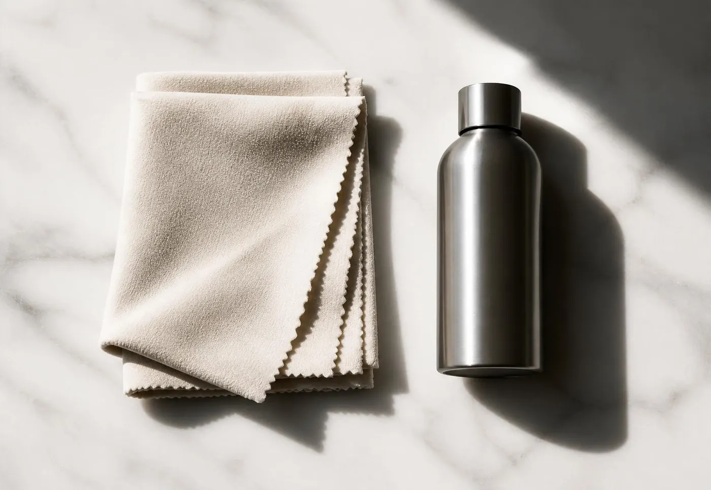 Microfibre cloth and steel bottle on marble